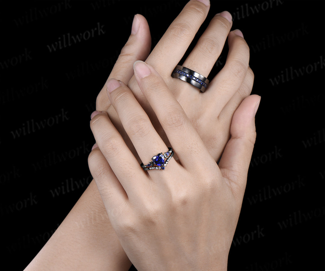 Heart Shape Sapphire Moon Bridal Ring Set & 3/4 Eternity Blue Sapphire Men Wedding Ring Couple Ring Set