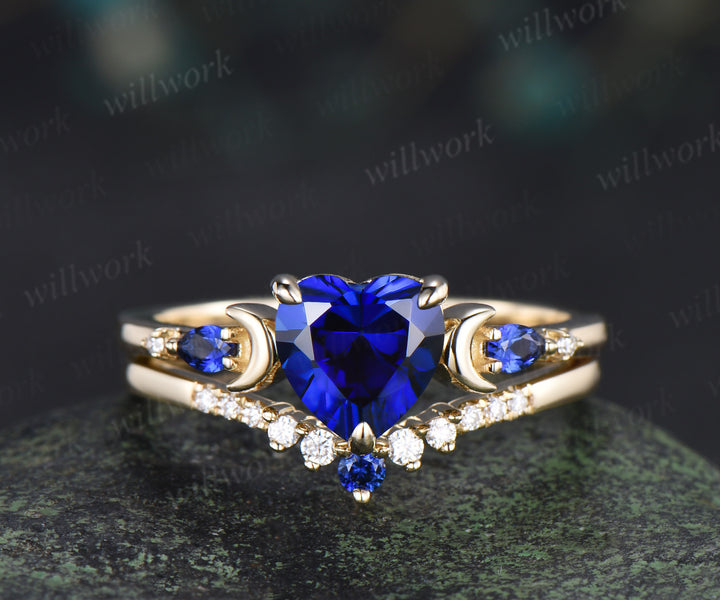 Heart Shape Sapphire Moon Bridal Ring Set & 3/4 Eternity Blue Sapphire Men Wedding Ring Couple Ring Set