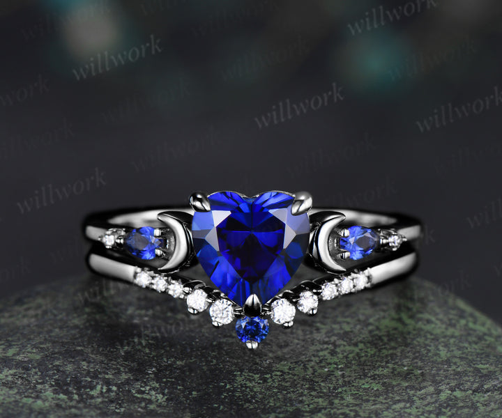 Heart Shape Sapphire Moon Bridal Ring Set & 3/4 Eternity Blue Sapphire Men Wedding Ring Couple Ring Set