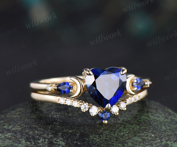 Heart Shape Sapphire Moon Bridal Ring Set & 3/4 Eternity Blue Sapphire Men Wedding Ring Couple Ring Set