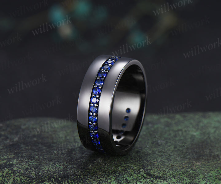 Heart Shape Sapphire Moon Bridal Ring Set & 3/4 Eternity Blue Sapphire Men Wedding Ring Couple Ring Set