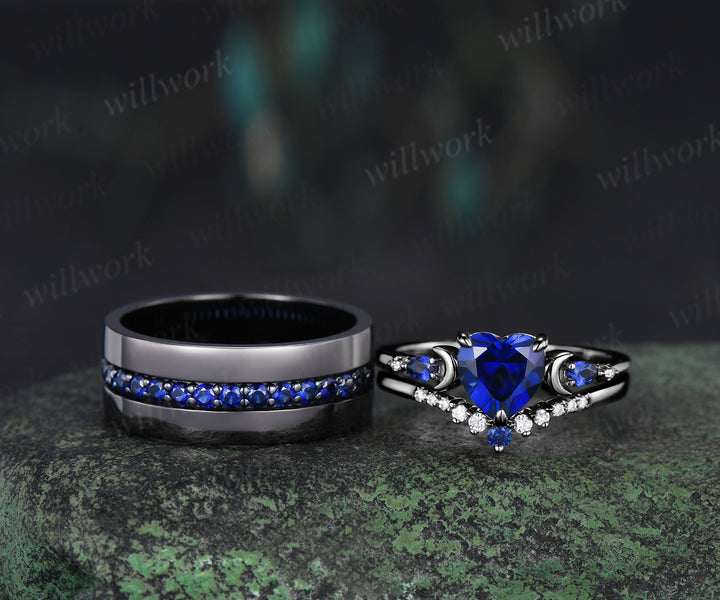 Heart Shape Sapphire Moon Bridal Ring Set & 3/4 Eternity Blue Sapphire Men Wedding Ring Couple Ring Set
