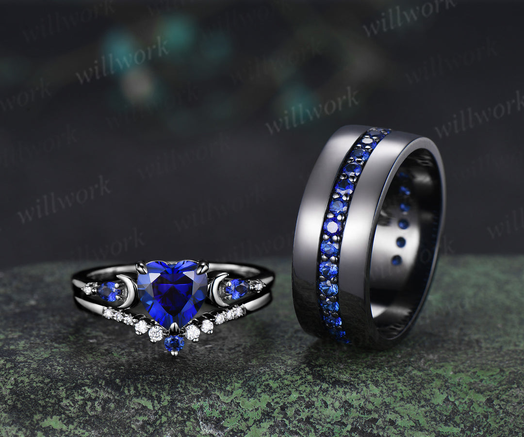 Heart Shape Sapphire Moon Bridal Ring Set & 3/4 Eternity Blue Sapphire Men Wedding Ring Couple Ring Set