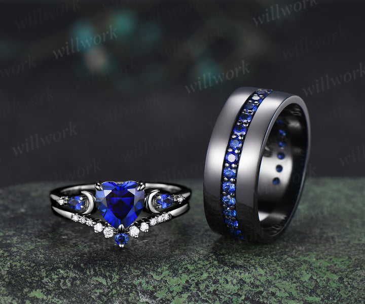 Heart Shape Sapphire Moon Bridal Ring Set & 3/4 Eternity Blue Sapphire Men Wedding Ring Couple Ring Set