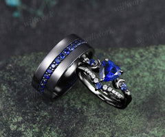 Heart Shape Sapphire Moon Bridal Ring Set & 3/4 Eternity Blue Sapphire Men Wedding Ring Couple Ring Set