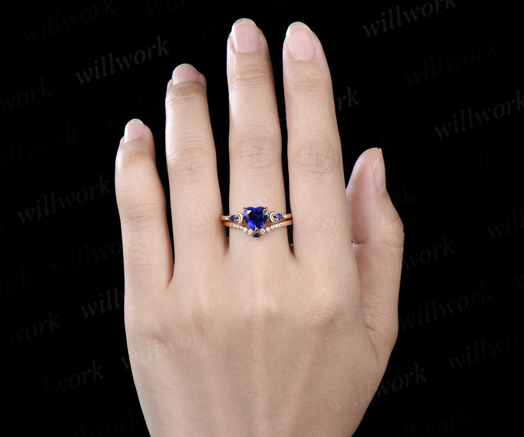 Heart Shape Sapphire Moon Bridal Ring Set & 3/4 Eternity Blue Sapphire Men Wedding Ring Couple Ring Set