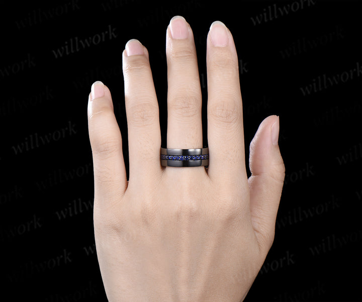 Heart Shape Sapphire Moon Bridal Ring Set & 3/4 Eternity Blue Sapphire Men Wedding Ring Couple Ring Set