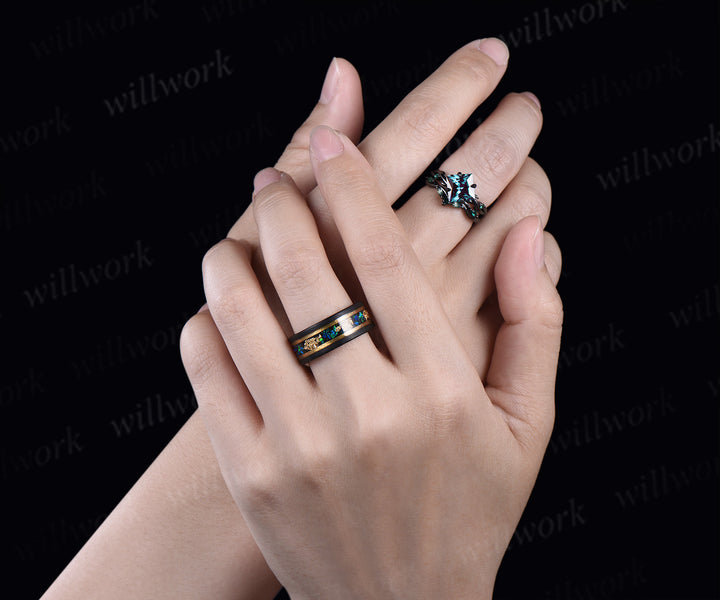 Vintage Princess Cut Alexandrite Twig Leaf Ring Set& Tungsten Black Opals Gold Flakes Men’s Band Couple Ring Set