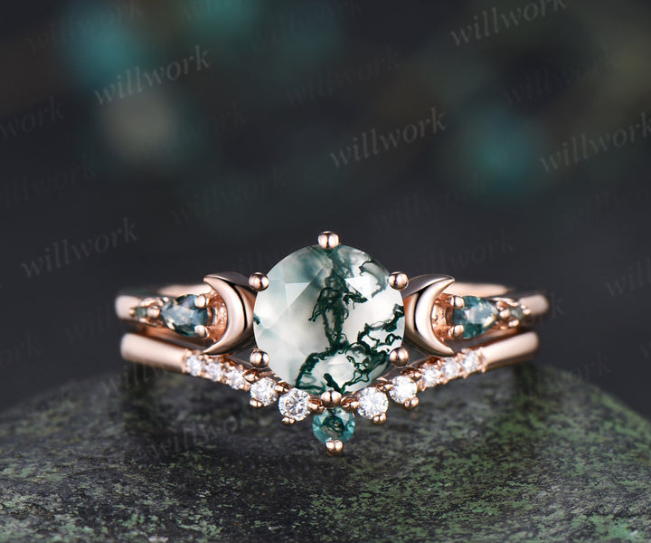 Round cut natural moss agate ring five stone moon 14k rose gold engagement ring set unique wedding ring set