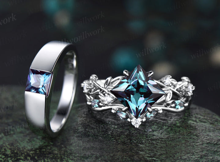 Princess Alexandrite Twig Vine Ring Set & Princess Cut Solitaire Alexanrite Men Band Unique Couple Ring Set for Him & Her