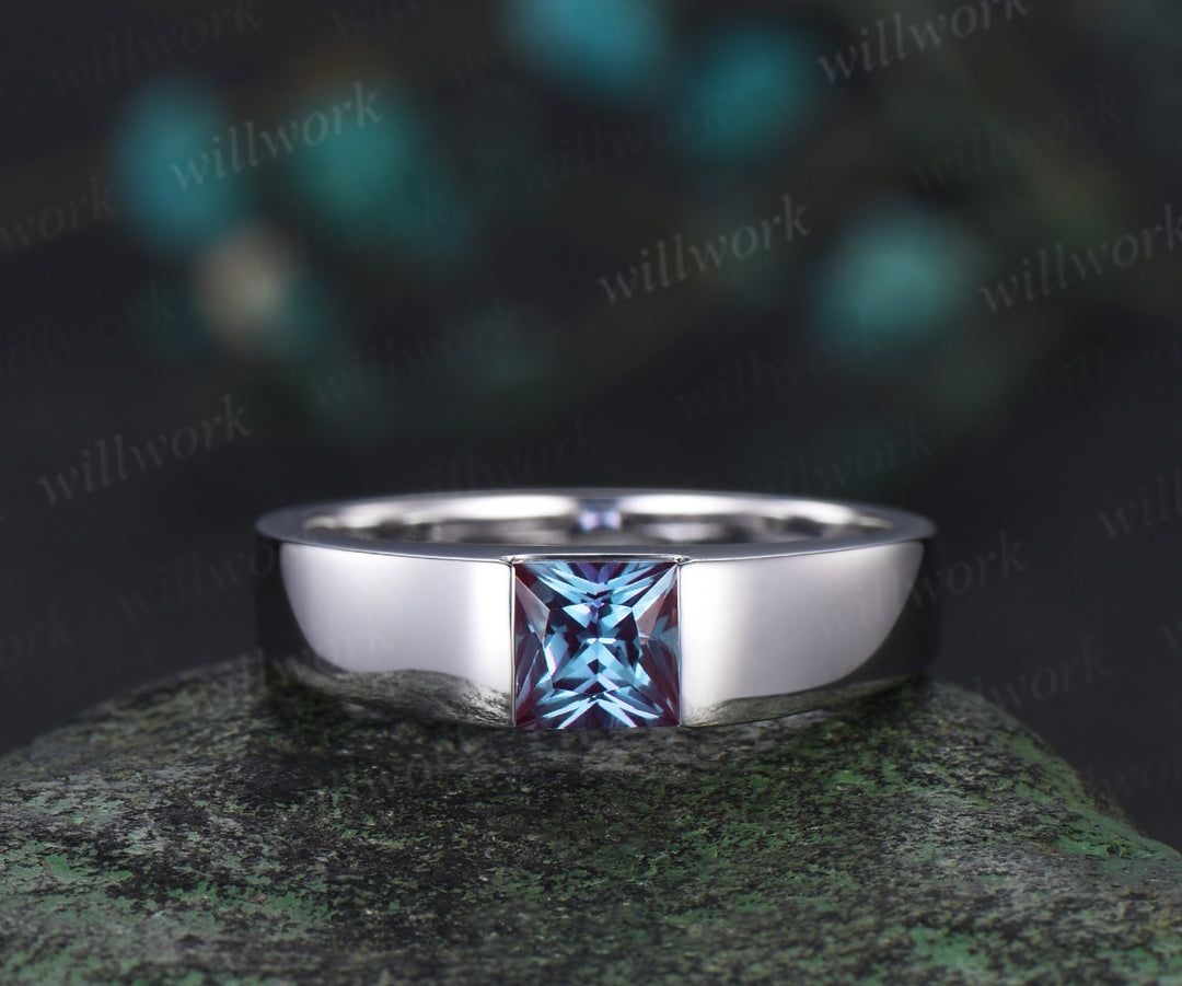 Princess Alexandrite Twig Vine Ring Set & Princess Cut Solitaire Alexanrite Men Band Unique Couple Ring Set for Him & Her