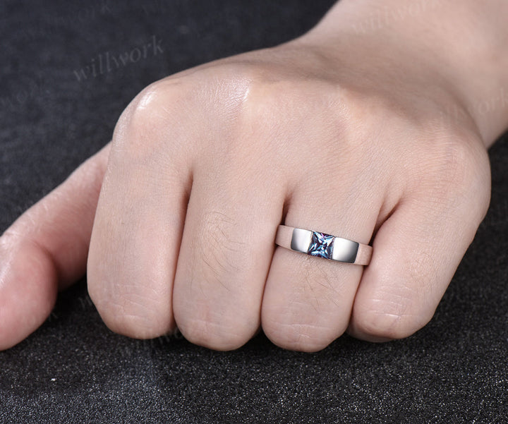 Princess Alexandrite Twig Vine Ring Set & Princess Cut Solitaire Alexanrite Men Band Unique Couple Ring Set for Him & Her
