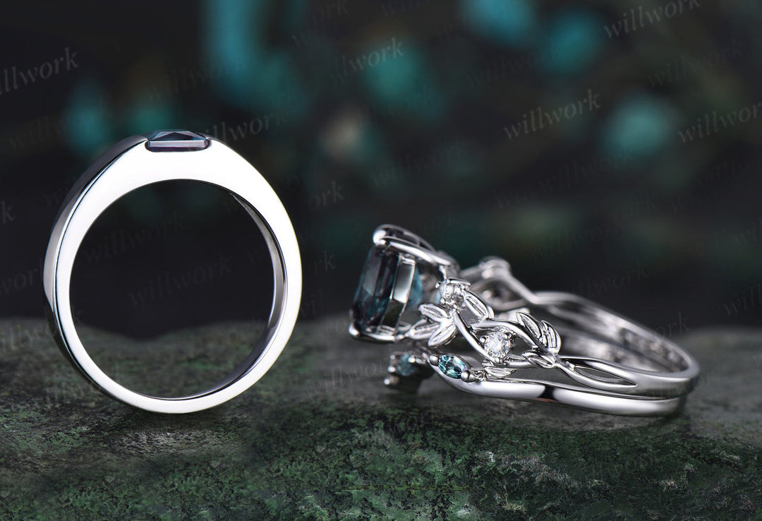 Princess Alexandrite Twig Vine Ring Set & Princess Cut Solitaire Alexanrite Men Band Unique Couple Ring Set for Him & Her