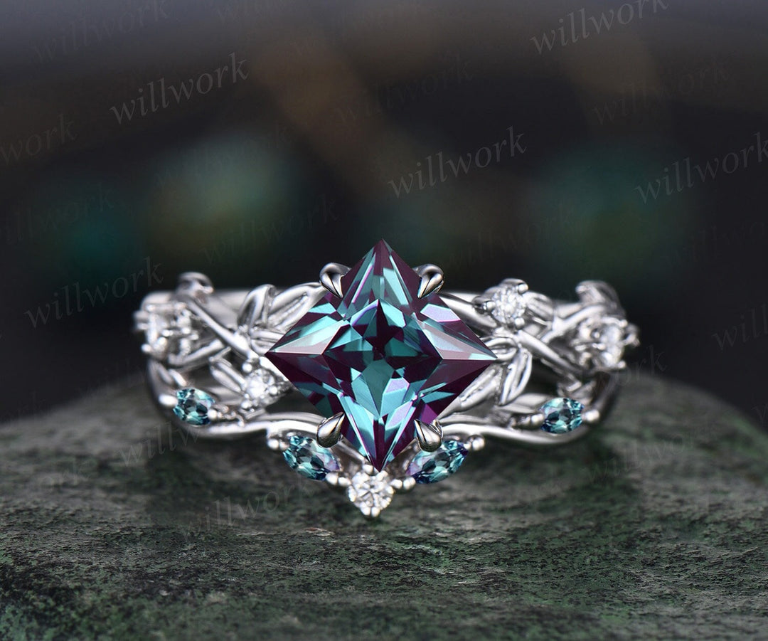 Princess Alexandrite Twig Vine Ring Set & Princess Cut Solitaire Alexanrite Men Band Unique Couple Ring Set for Him & Her