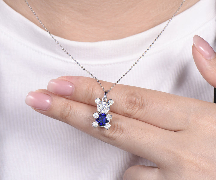 Round sapphire moissanite Teddy bear necklace solid white gold bezel charm pendant cute graduation birthday gift for her