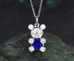 Round sapphire moissanite Teddy bear necklace solid white gold bezel charm pendant cute graduation birthday gift for her