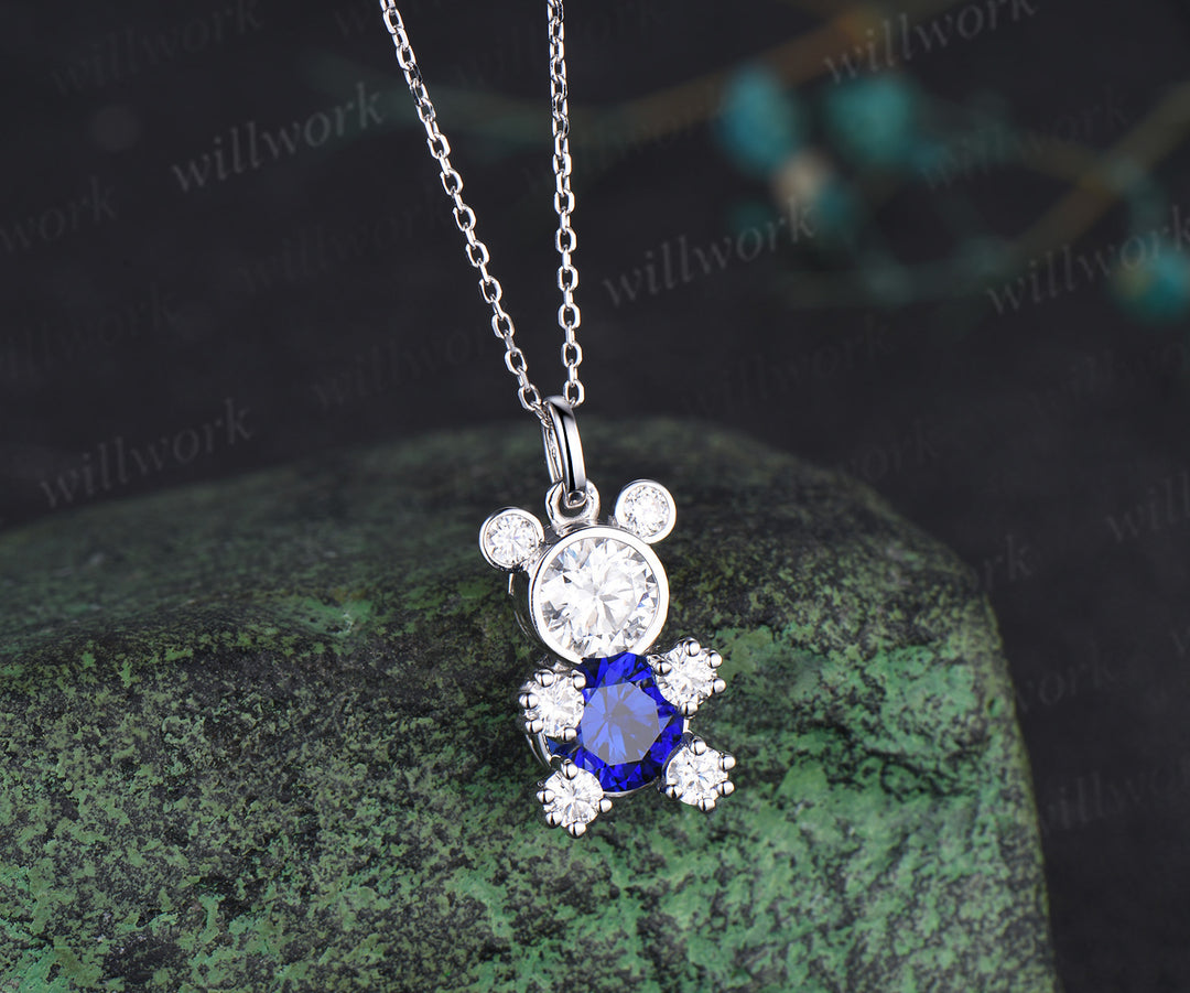 Round sapphire moissanite Teddy bear necklace solid white gold bezel charm pendant cute graduation birthday gift for her