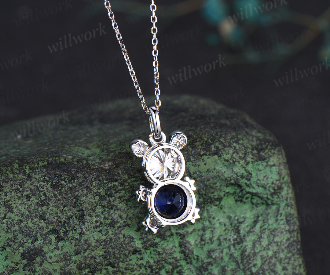 Round sapphire moissanite Teddy bear necklace solid white gold bezel charm pendant cute graduation birthday gift for her
