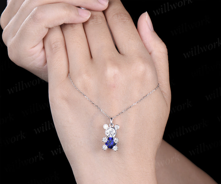 Round sapphire moissanite Teddy bear necklace solid white gold bezel charm pendant cute graduation birthday gift for her