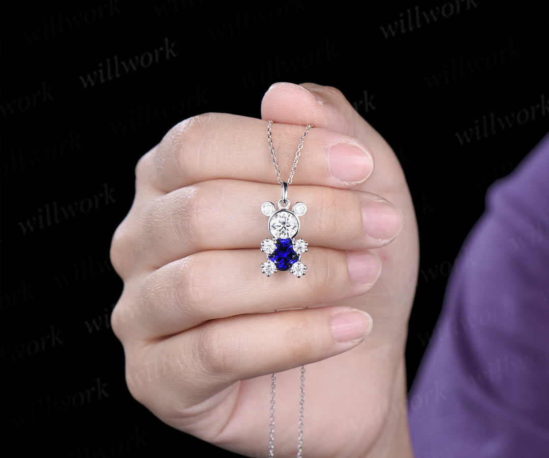 Round sapphire moissanite Teddy bear necklace solid white gold bezel charm pendant cute graduation birthday gift for her