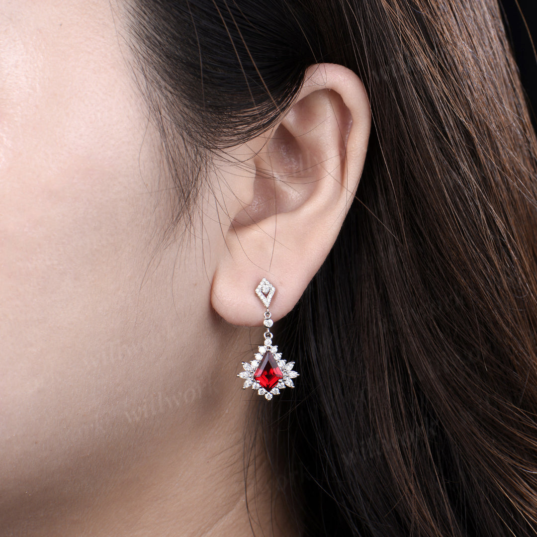 Kite cut ruby drop earrings with moissanite halo solid white gold unique earrings July birthstone wedding gifts