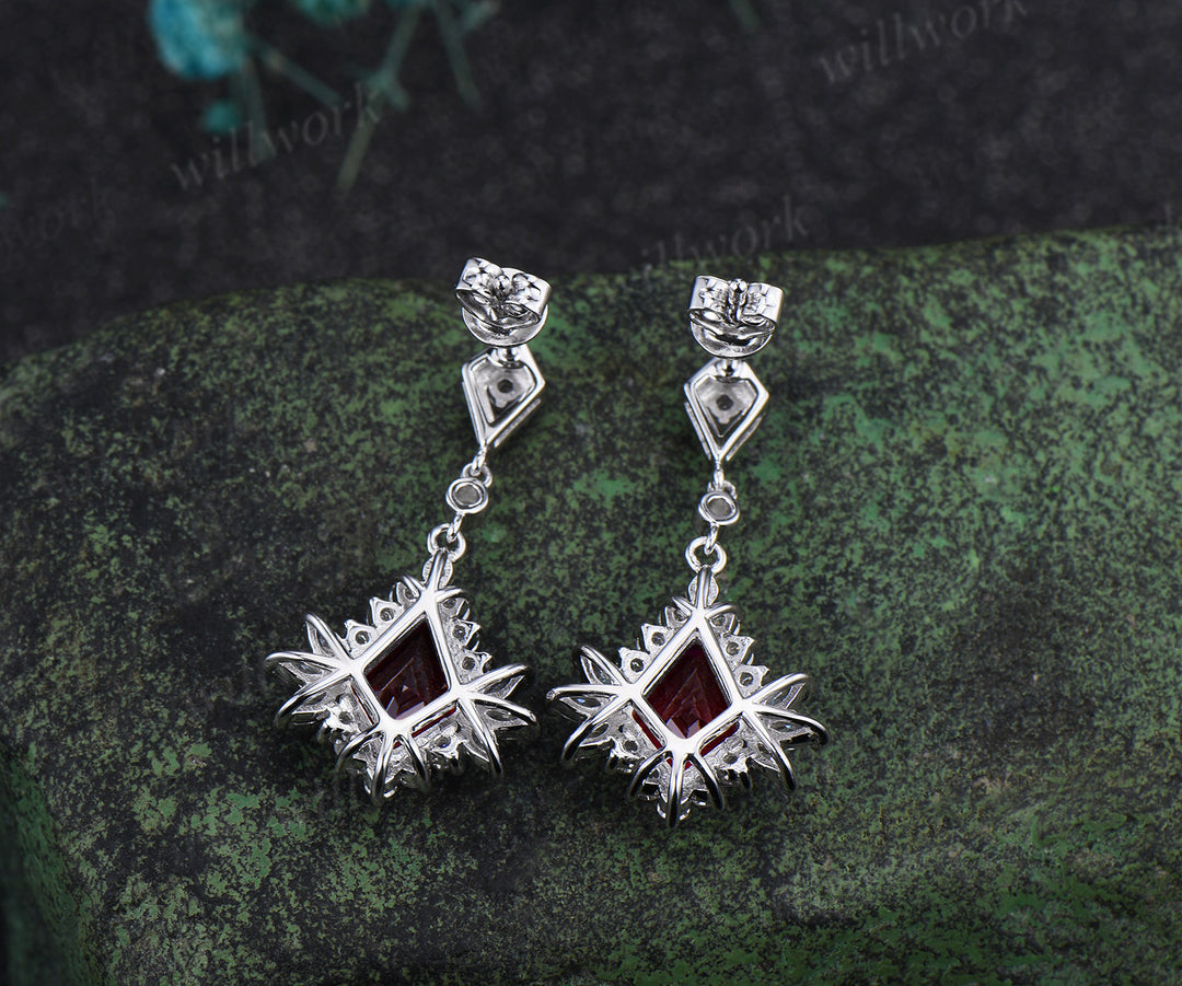 Kite cut ruby drop earrings with moissanite halo solid white gold unique earrings July birthstone wedding gifts