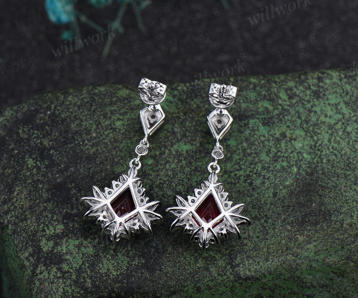 Kite cut ruby drop earrings with moissanite halo solid white gold unique earrings July birthstone wedding gifts