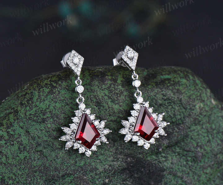 Kite cut ruby drop earrings with moissanite halo solid white gold unique earrings July birthstone wedding gifts
