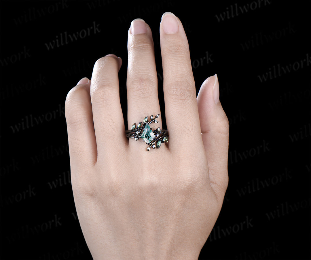 Black gold kite cut moss agate leaf engagement ring set twig marquise moss agate enhancer wraps nature inspired bridal set gifts for her
