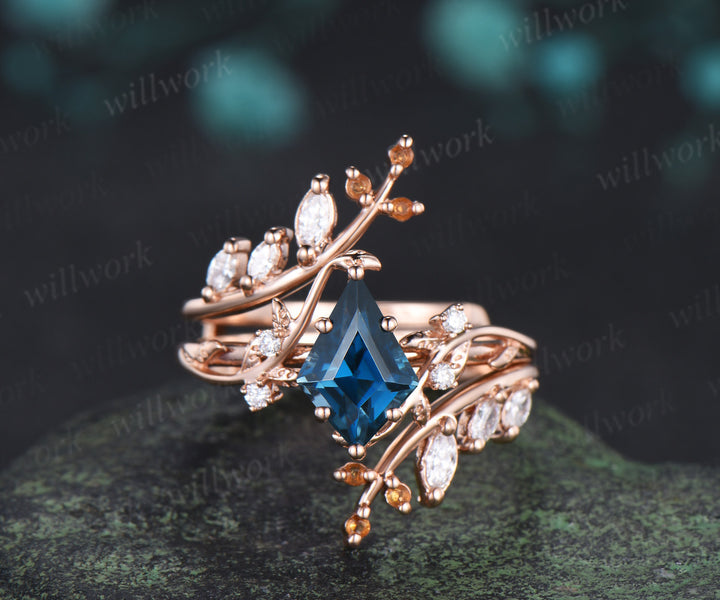 Kite Cut London Blue Topaz Ring Set Leaf Vine Engagement Ring Marquise Diamond Enhancer Nature Inspired Bridal Set