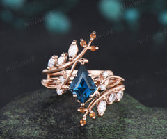 Kite Cut London Blue Topaz Ring Set Leaf Vine Engagement Ring Marquise Diamond Enhancer Nature Inspired Bridal Set