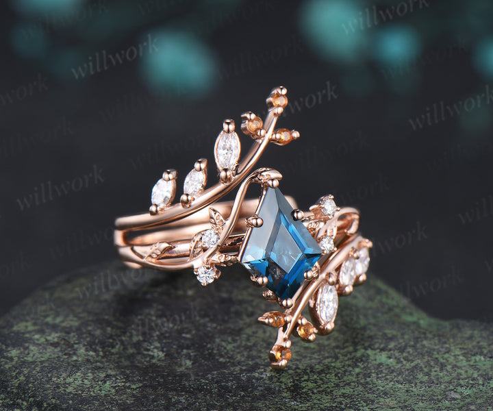Kite Cut London Blue Topaz Ring Set Leaf Vine Engagement Ring Marquise Diamond Enhancer Nature Inspired Bridal Set