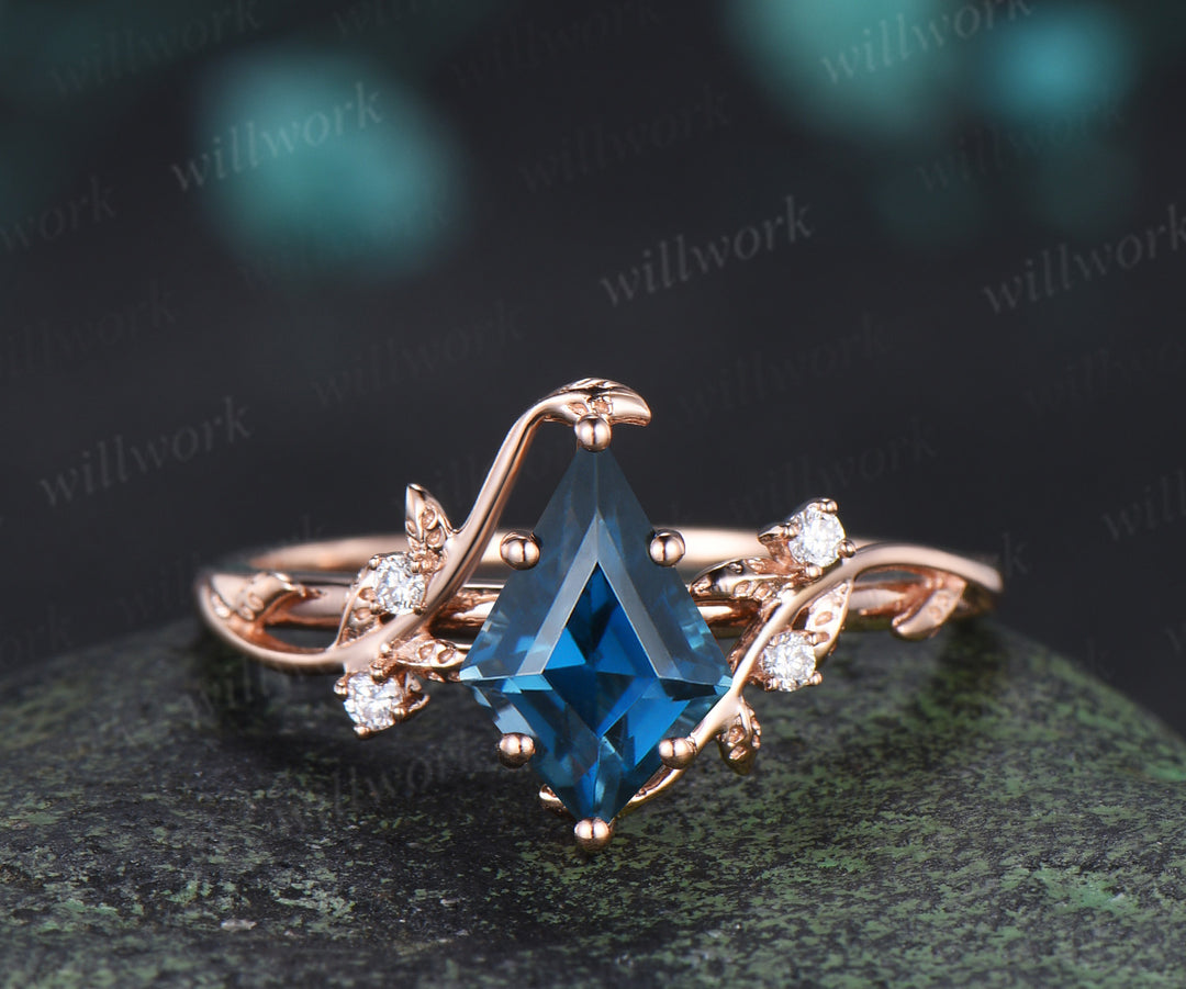 Kite Cut London Blue Topaz Ring Set Leaf Vine Engagement Ring Marquise Diamond Enhancer Nature Inspired Bridal Set