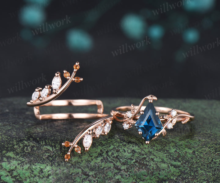 Kite Cut London Blue Topaz Ring Set Leaf Vine Engagement Ring Marquise Diamond Enhancer Nature Inspired Bridal Set