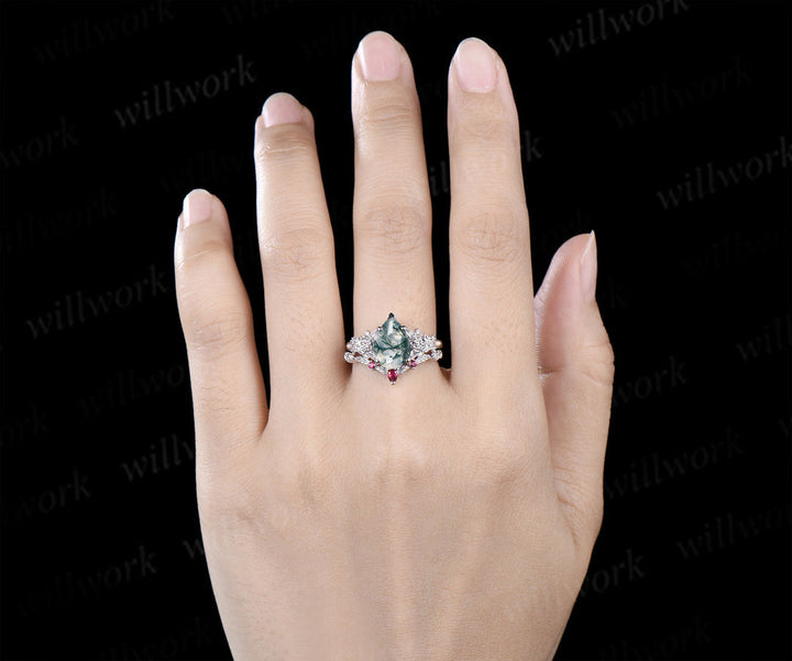 Succulent inspired pear moss agate engagement ring set moissanites rubies leaf wedding ring bridal set