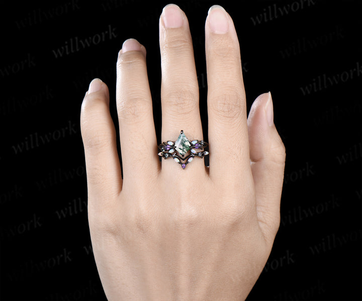7x10mm kite cut moss agate engagement ring set gothic twig opal amethyst alexandrite cluster ring branch wedding band unique bridal set