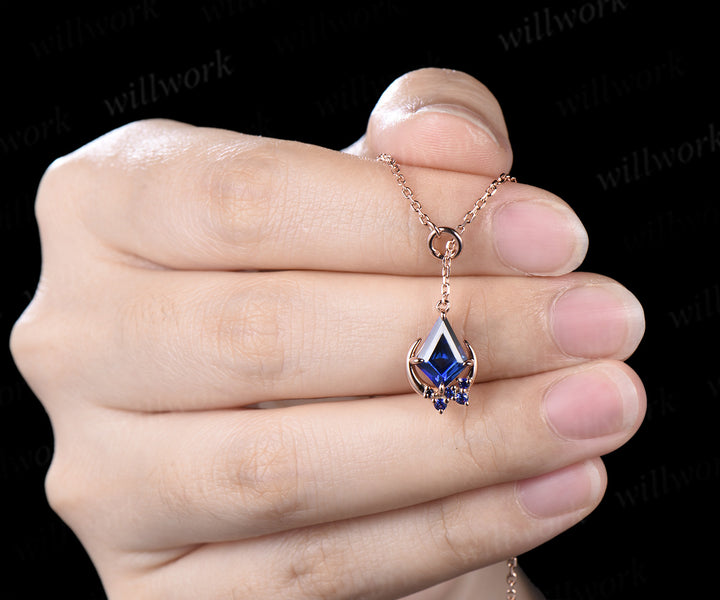 Kite Cut Blue Sapphire Moon Pendant Necklace Sapphire Cluster Celestial Lariat Necklace Gifts for Her