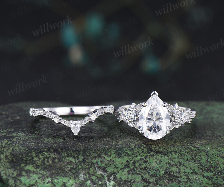 Succulent inspired pear moissanite ngagement ring set moissanites diamonds leaf wedding ring bridal set gifts for women