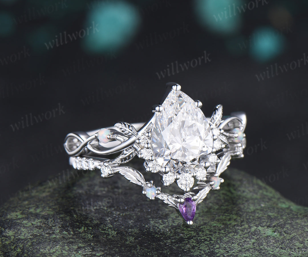 Pear Cut Lab Grown Diamond Ring Set Infinity Leaf Bridal Ring Opal Amethyst Wedding Band Nature Inspired Se