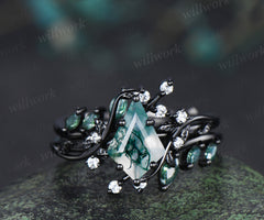 Black gold kite cut moss agate leaf engagement ring set twig marquise moss agate enhancer wraps nature inspired bridal set gifts for her