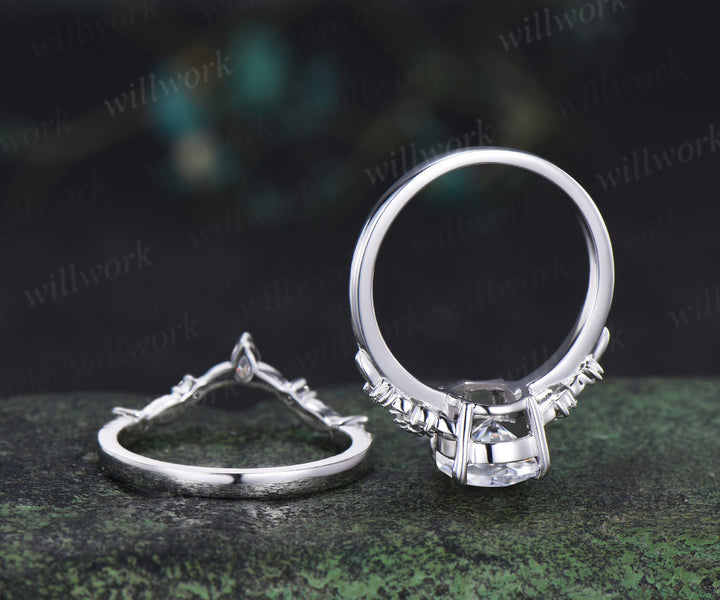 Succulent inspired pear moissanite ngagement ring set moissanites diamonds leaf wedding ring bridal set gifts for women