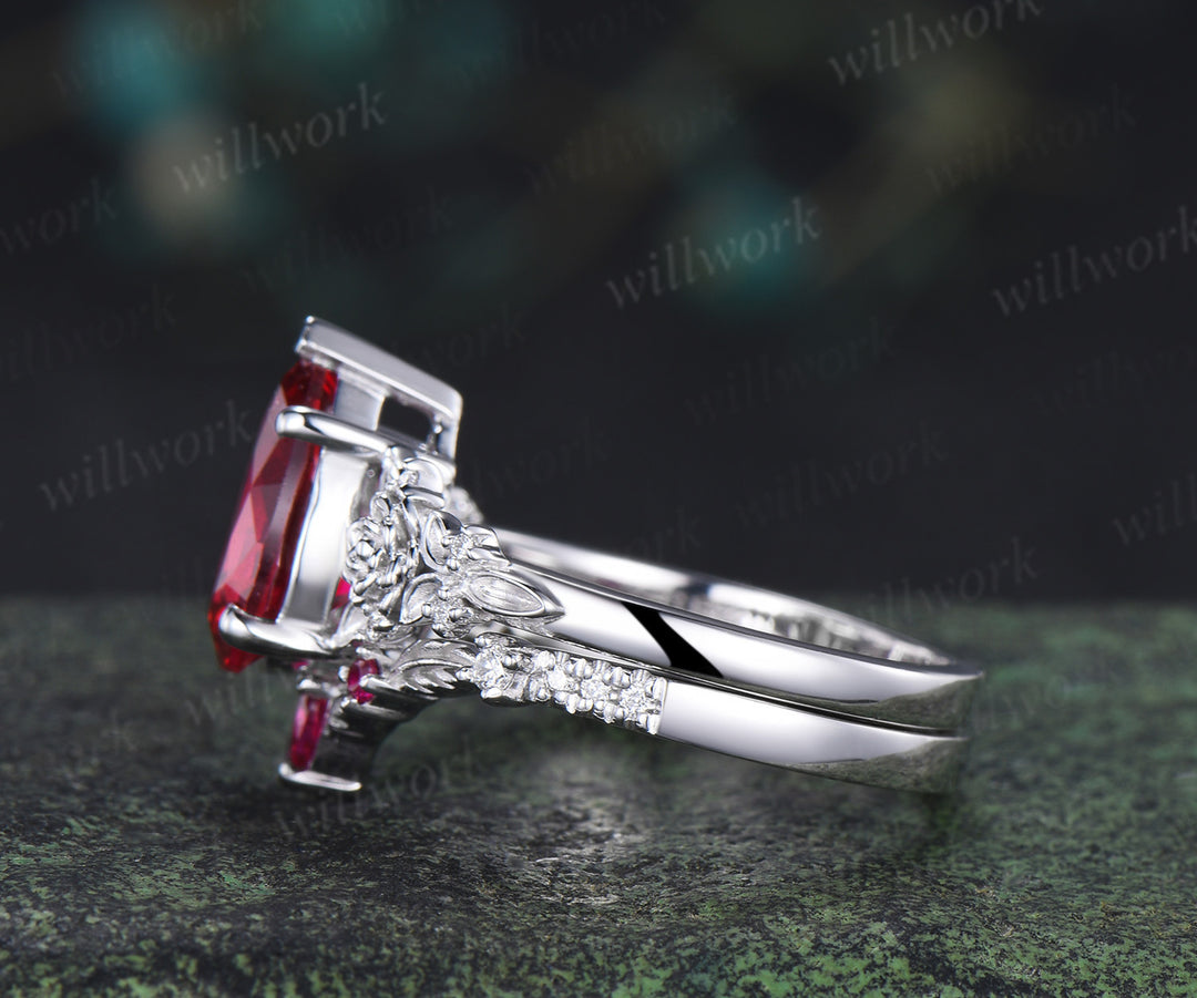 Vintage pear ruby succulent inspired engagement ring set moissanites leaf wedding ring unique bridal set