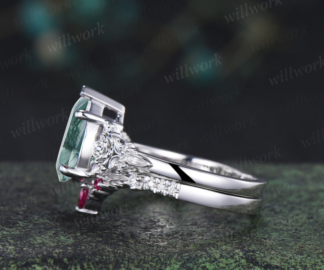 Succulent inspired pear moss agate engagement ring set moissanites rubies leaf wedding ring bridal set