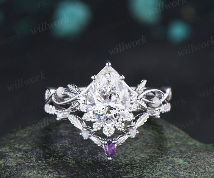Pear Cut Lab Grown Diamond Ring Set Infinity Leaf Bridal Ring Opal Amethyst Wedding Band Nature Inspired Se