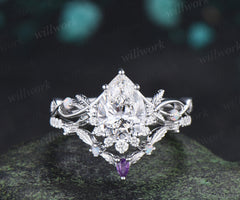 Pear Cut Lab Grown Diamond Ring Set Infinity Leaf Bridal Ring Opal Amethyst Wedding Band Nature Inspired Se