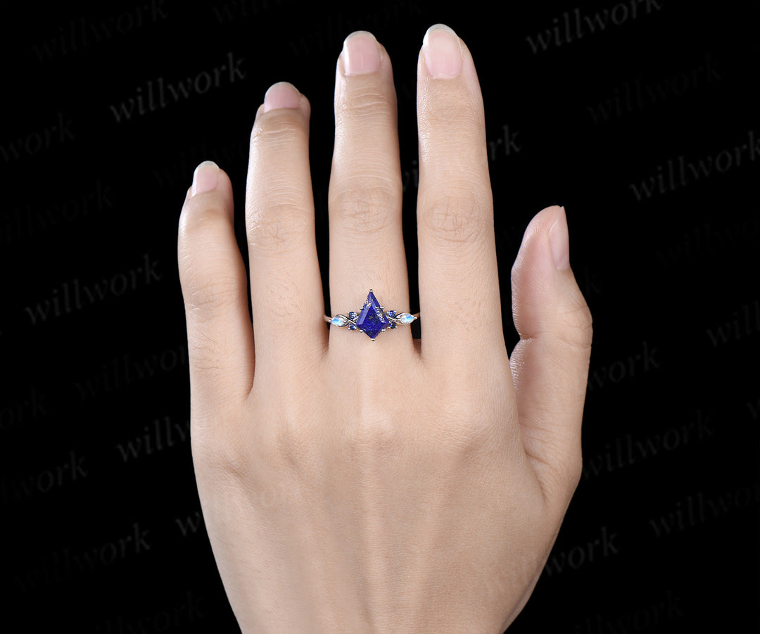Vintage kite cut lapis lazuli engagement ring unique twisted marquise cut moonstone sapphire ring for women