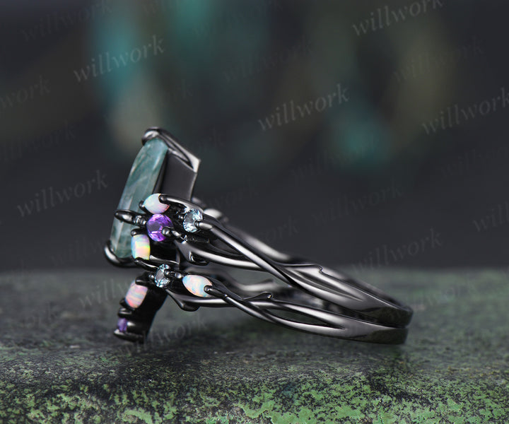 7x10mm kite cut moss agate engagement ring set gothic twig opal amethyst alexandrite cluster ring branch wedding band unique bridal set