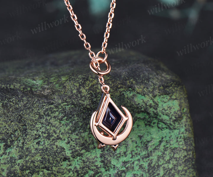 Kite Cut Blue Sapphire Moon Pendant Necklace Sapphire Cluster Celestial Lariat Necklace Gifts for Her