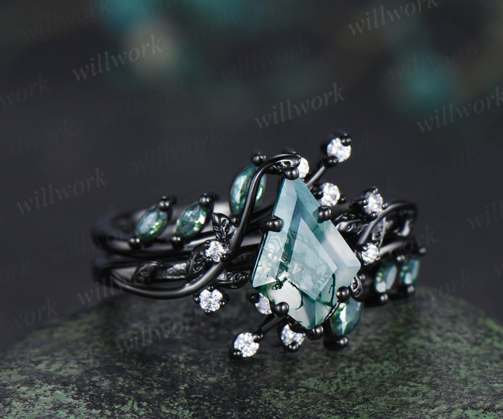 Black gold kite cut moss agate leaf engagement ring set twig marquise moss agate enhancer wraps nature inspired bridal set gifts for her