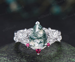 Succulent inspired pear moss agate engagement ring set moissanites rubies leaf wedding ring bridal set